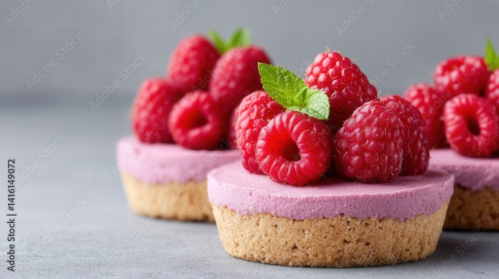 Poster round raspberry mini cake with mint and decorative fruit topping placed on gray surface in soft ligh