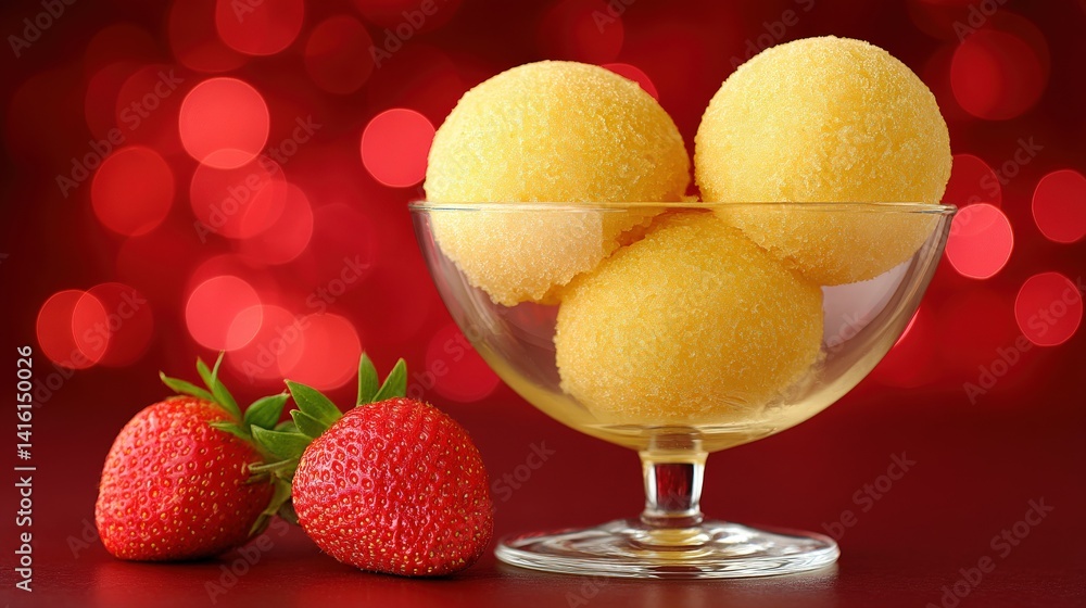Poster spherical yellow sorbet scoops arranged in heart shape with strawberries on red background in decora