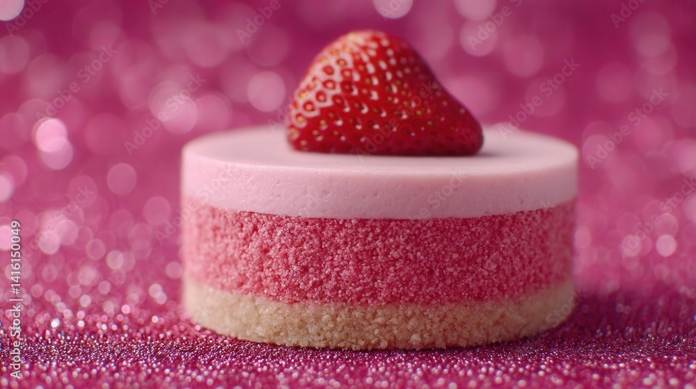 Aufkleber minimal pink mousse cake with single raspberry on top placed on sparkly pink background in elegant h