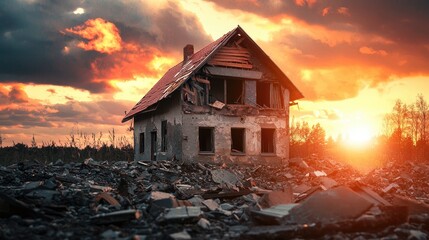 Abandoned House Ruins at Sunset with Dramatic Clouds and Vibrant Sky Colors