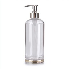 Clear Glass Soap Dispenser With Silver Pump and Base On White Backdrop