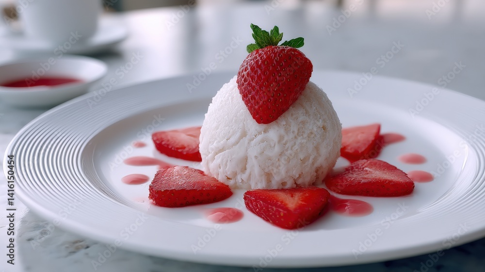 Poster white cream dessert topped with single strawberry and red syrup surrounded by strawberry slices on r