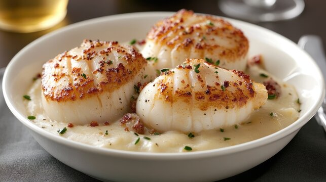 Gourmet delight: coquilles Saint Jacques, a refined dish presented in professional food advertising, exquisite seafood, elegance, and culinary expertise, showcasing luxury and sophisticated dining.