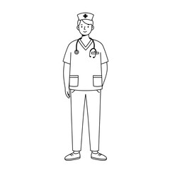 Outline Illustration of a Smiling Nurse with Stethoscope and Uniform