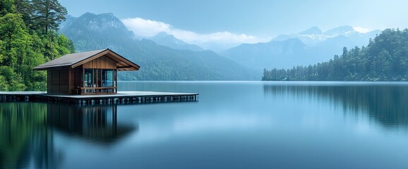 Fototapeta premium A cozy cabin on calm waters reflects a majestic mountain backdrop, serene and peaceful