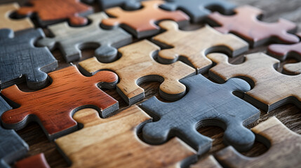 Concept Image of Wooden Puzzle Pieces Representing Connection and Problem Solving