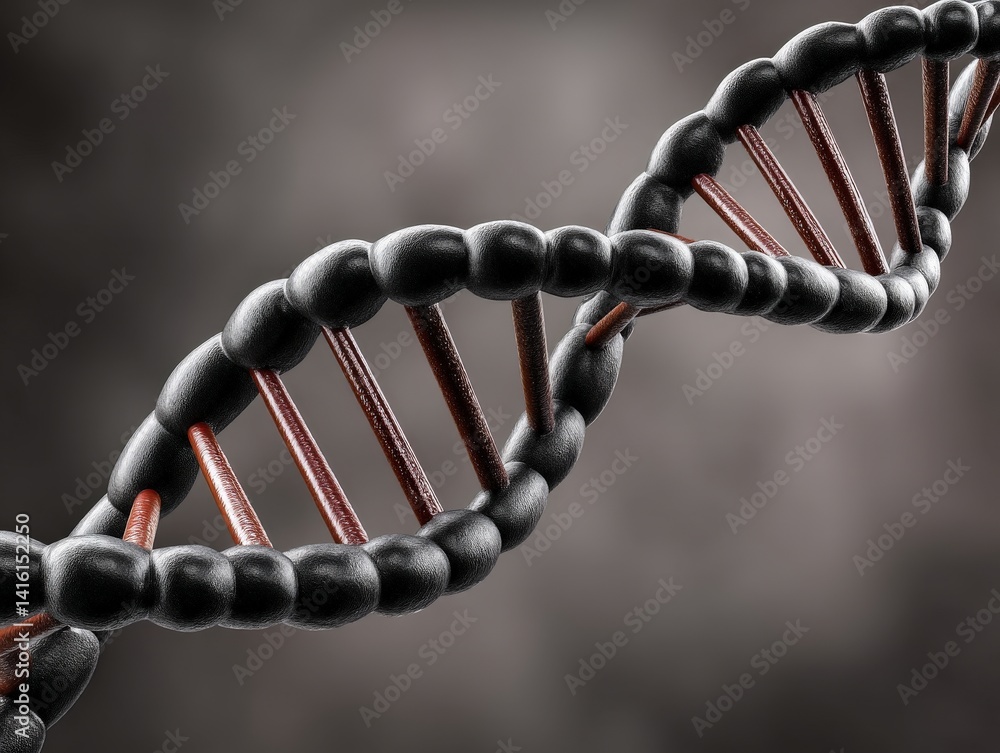 Poster black spherical connected dna chain with reflective reddish glow against a softly focused neutral ba