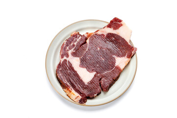 Steak and lamb chops, fresh grilled meat, solid white background