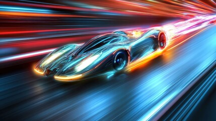 Futuristic Sports Car in Motion with Neon Lights and Dynamic Blur Effects