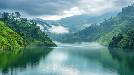 Fototapeta premium Misty lake in a lush green mountain landscape displays scenic beauty