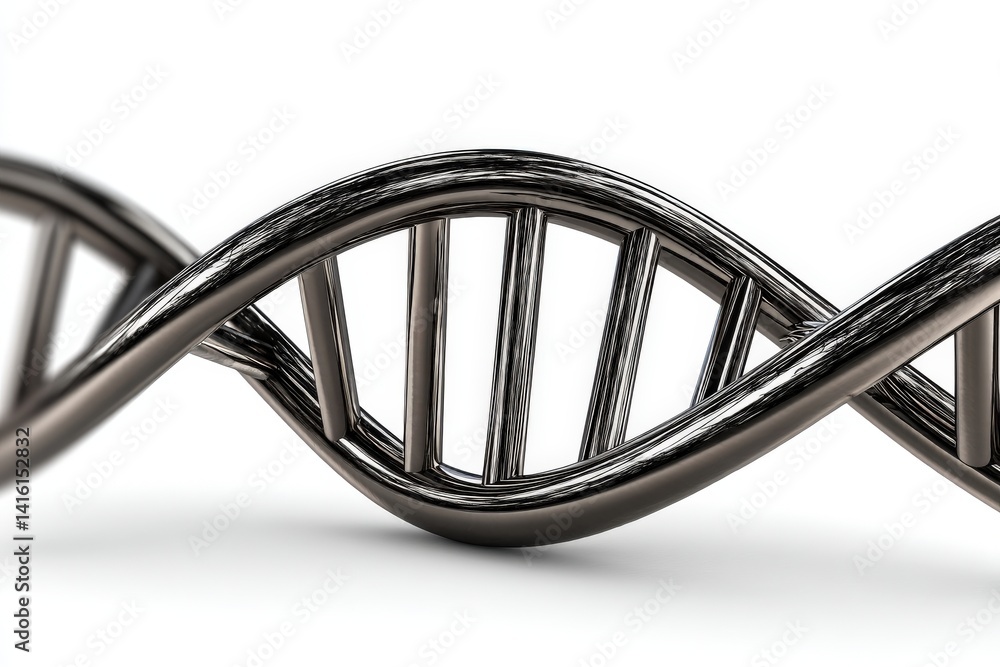 Poster metallic dark dna strand twisted with smooth linear symmetry on bright light surface giving strong d