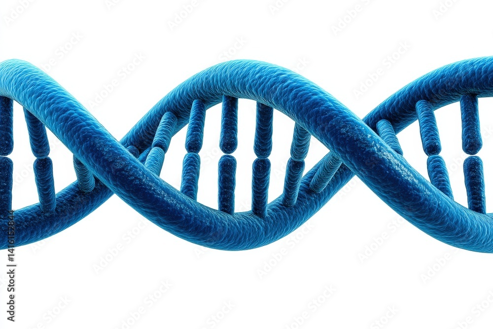 Poster blue dna ribbon rendered in velvet-like synthetic texture with dual spiral strand evenly coiled agai