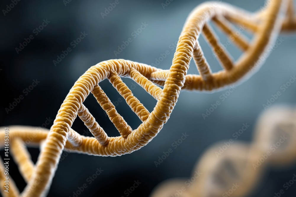 Poster curved dna helix made of brownish yellow threadlike structure wrapped in dynamic symmetrical form on