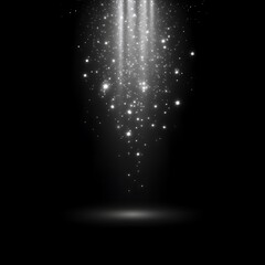 Glowing light beams with sparkling dust on black