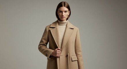 Woman wearing a tan coat and turtleneck sweater in a studio setting.