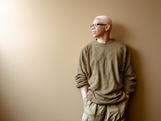 Young albino man in striped sweater, looking sideways, copy space left..