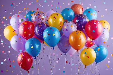 Festive Balloons and Colorful Confetti on a Soft Lavender Background Celebrating Togetherness