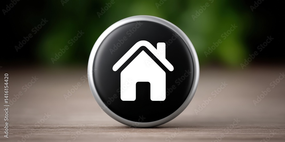 Poster high contrast symbol of smart home icon on circular button over natural wood surface minimal layout 