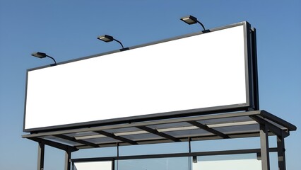 A close-up of a blank white billboard mounted on top of a bus stop roof, viewed from a tilted angle.