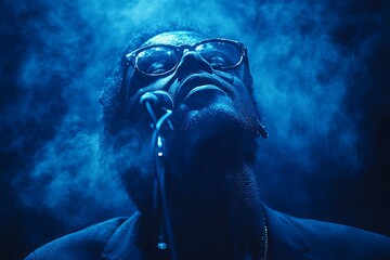 A Man Singing Into a Microphone Surrounded By Blue Haze