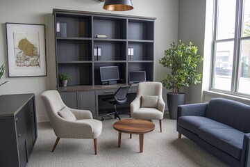 A modern office space featuring a desk and seating areas