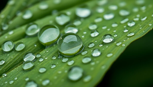 close up of water droplets on a green leaf