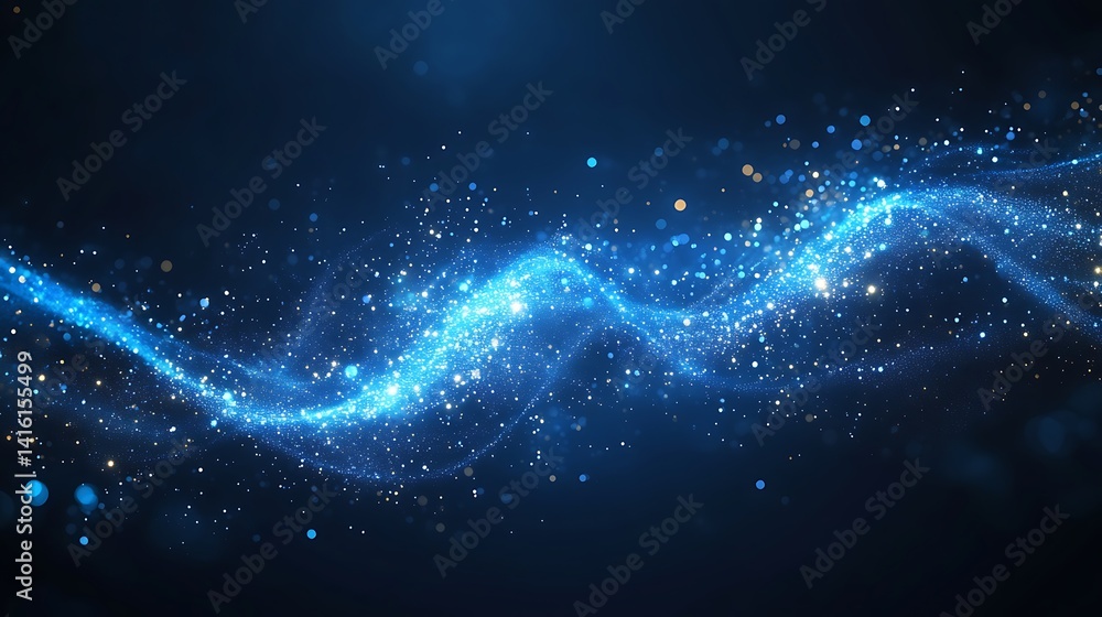 Poster dynamic wave of glowing blue particles, a dynamic wave of glowing blue particles and light trails on