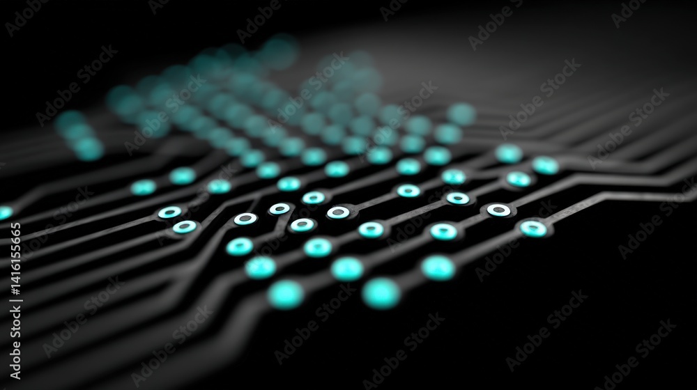 Poster futuristic light blue digital network lines flowing across a dark surface with glowing nodes and ele