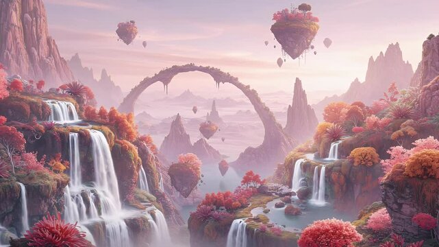Serene fantasy landscape featuring floating islands and cascading waterfalls in blush tones