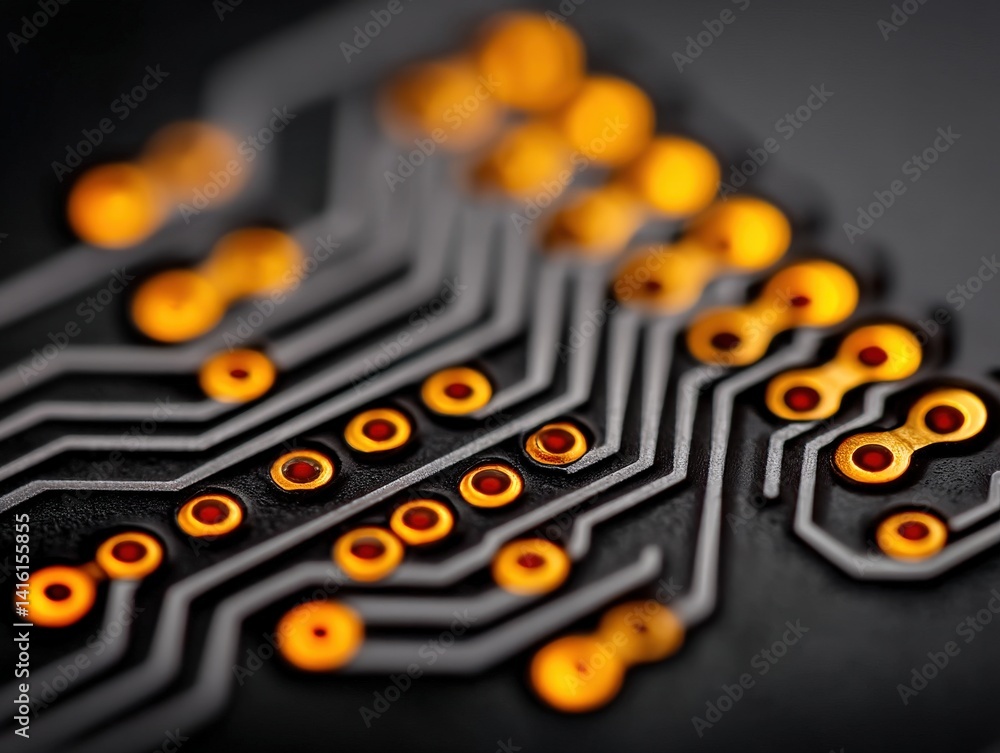 Poster dark matte circuit board closeup with glowing orange nodes and detailed electronic lines representin