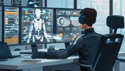 A designer works on a computer, with an AI figure projected from the screen offering suggestions. The workspace is clean and organized, featuring multiple monitors displaying various design elements