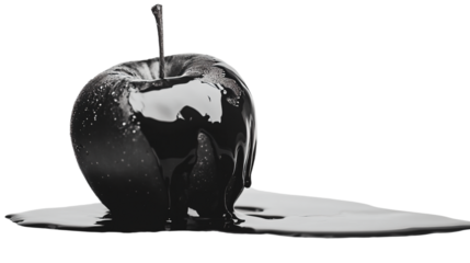 a black apple is melting on a white surface