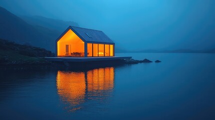 Obraz premium Lakeside cabin glows warmly at dusk, reflecting on calm water in a misty, mountainous landscape