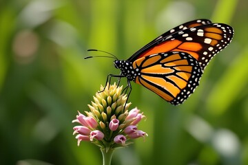 Fototapeta premium A monarch butterfly laying eggs on a milkweed plant