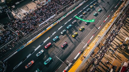 An overhead shot capturing the thrilling start of a race event, showcasing colorful cars speeding down the track, surrounded by a vibrant crowd.