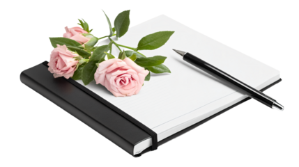 a pen and a notebook with a rose on top