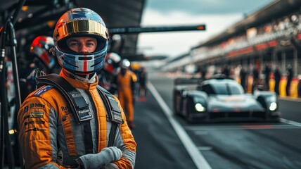 A focused pit crew member at Le Mans, showcasing determination and readiness, as a race car speeds by in the background, capturing the essence of motorsport teamwork.