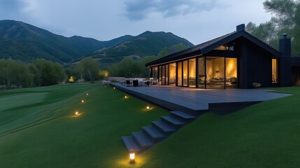 Modern mountain home with expansive deck at twilight