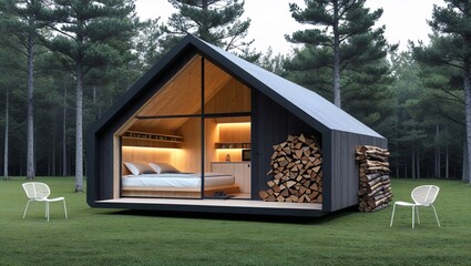  a modern, minimalist cabin situated in a grassy clearing surrounded by dense forest. The cabin features a sleek, angular design with a large, floor-to-ceiling window that reveals a warmly lit interio