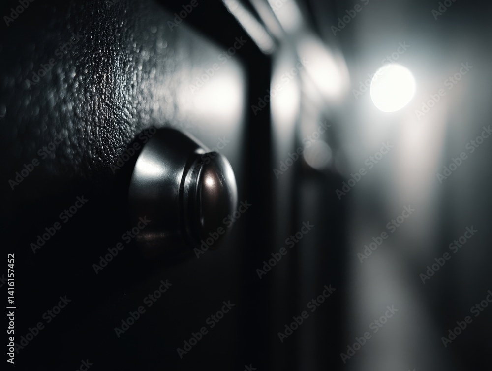 Poster metallic dark doorknob protruding from minimalist door under directional light with moody shadows an