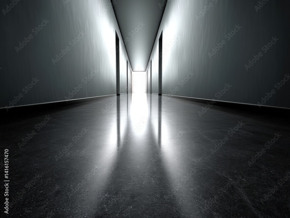 Aufkleber symmetrical architectural hallway ending in white bright glow creating mystery and depth in futurist