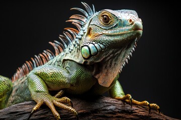 Obraz premium A detailed portrait of a green and blue iguana lizard