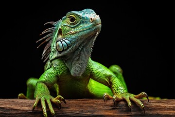 Obraz premium A vibrant green lizard posed upon a textured wooden surface