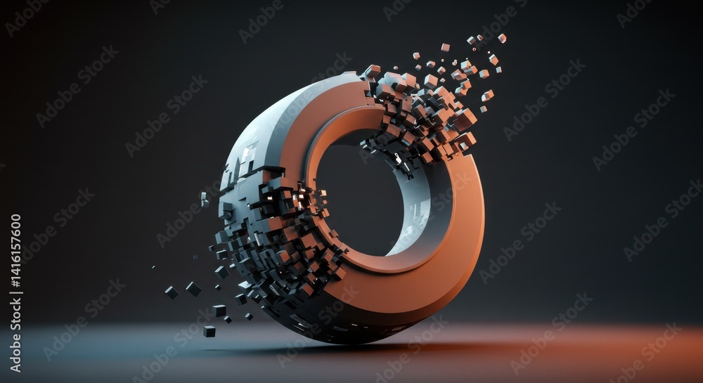 Poster abstract 3d render of a disintegrating ring: geometric shapes in motion