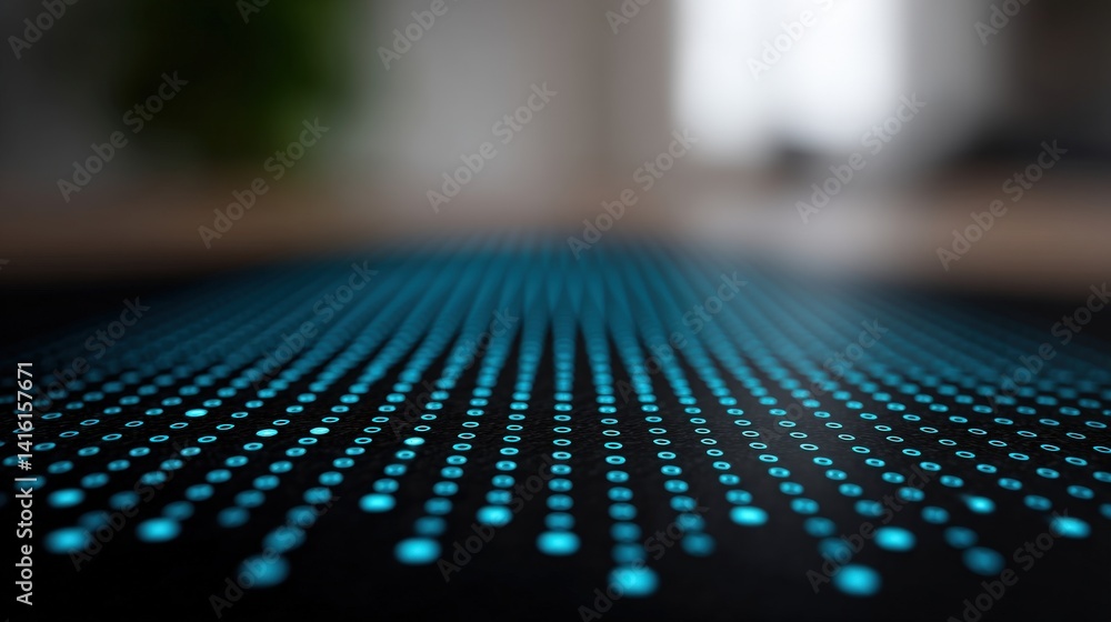 Poster digital illuminated surface grid made of neon cyan dots on dark background creating a tech-oriented 