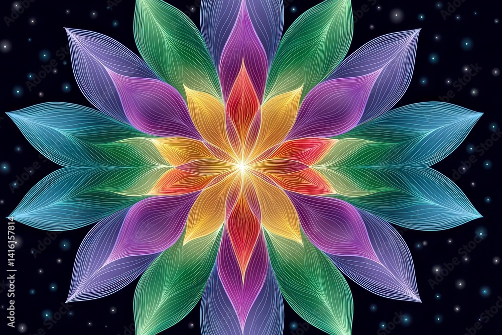 Poster multicolored abstract floral design with glowing points on dark background