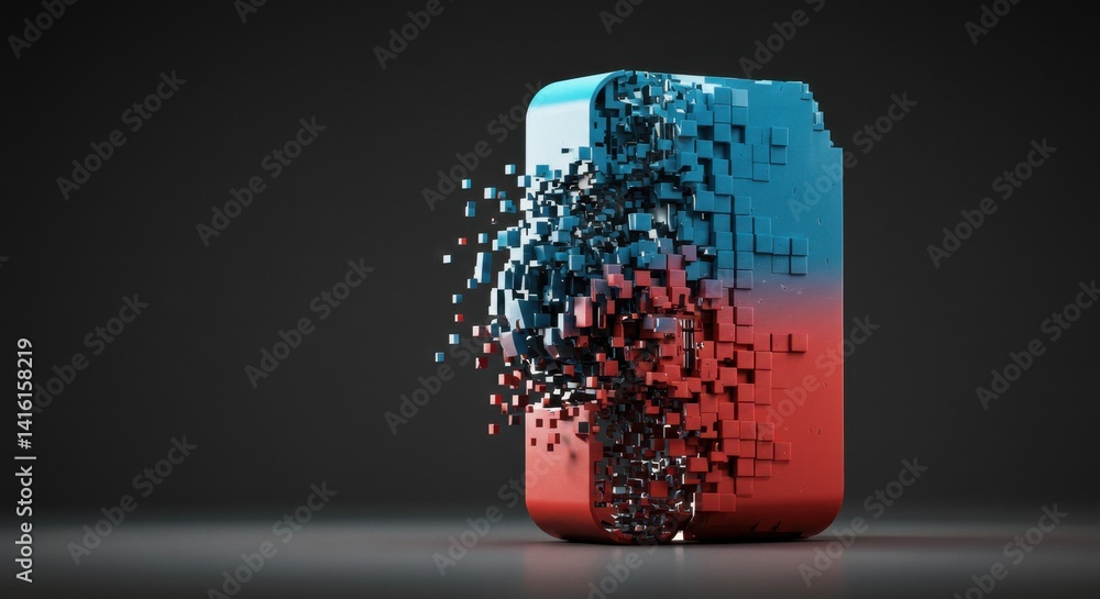 Poster abstract 3d render of a disintegrating blue and red object transforming into pixels digital fragment