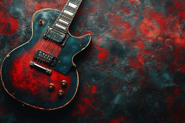 An electric guitar lies on a textured vibrant red and blue background