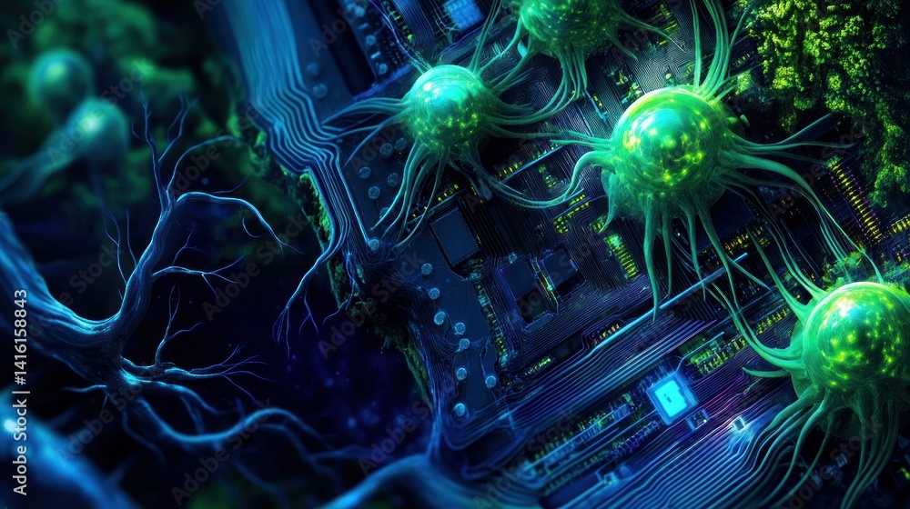 Poster microbial invasion of a complex computer circuit.
