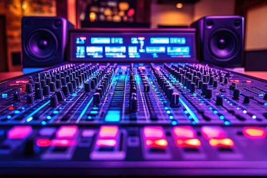 A mixing console with speakers, lit in neon hues, displays an array of sliders and buttons